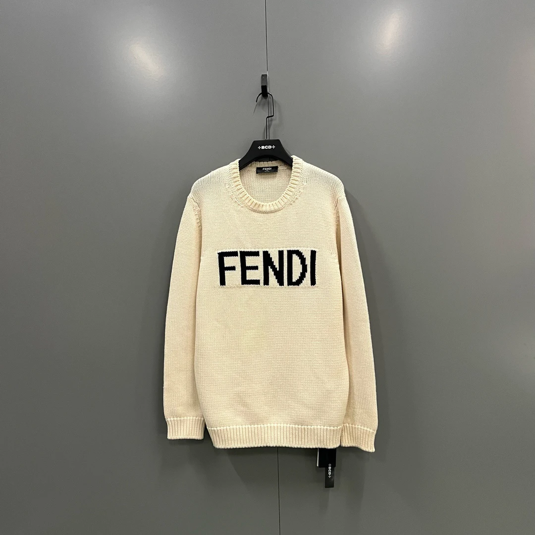 95新 FENDI/芬迪 (ll) 米色嵌花logo针织衫 54码/604867