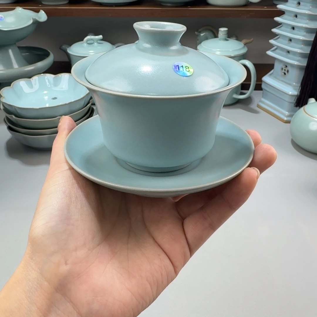 瓷摆件特价汝窑仿古釉三才马蹄盖碗编号118