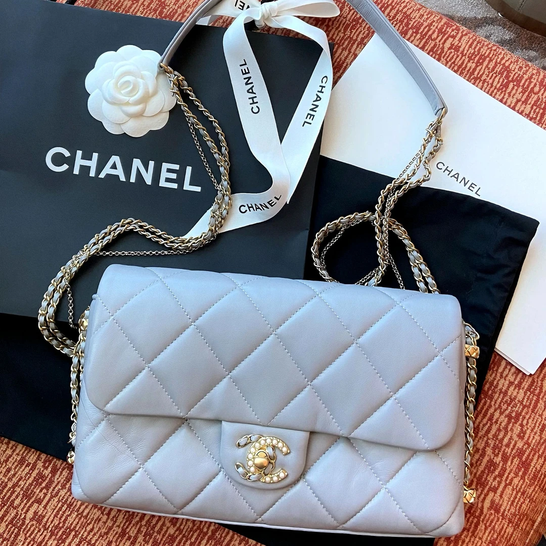 99新 Chanel/香奈儿 3191|香奈儿灰色鸳鸯扣cf斜挎包珍珠扣，拆单1