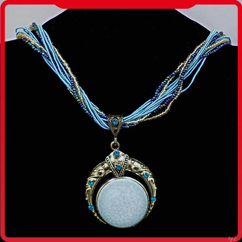 风短款米珠潮流女合民族风金吊坠饰 毛衣链项链石头款项