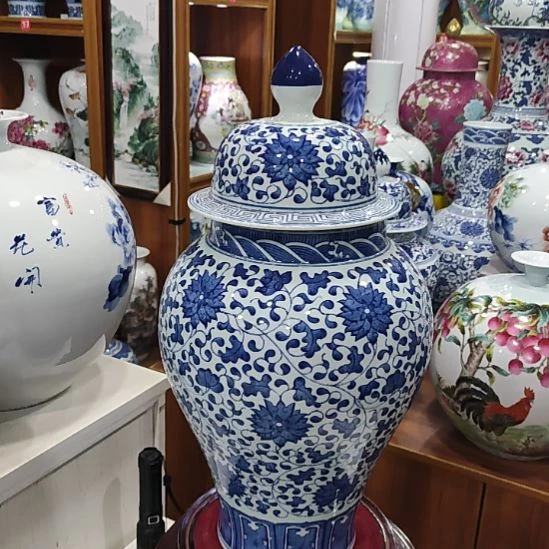 草***箭瓷片景德镇陶瓷青花将军罐