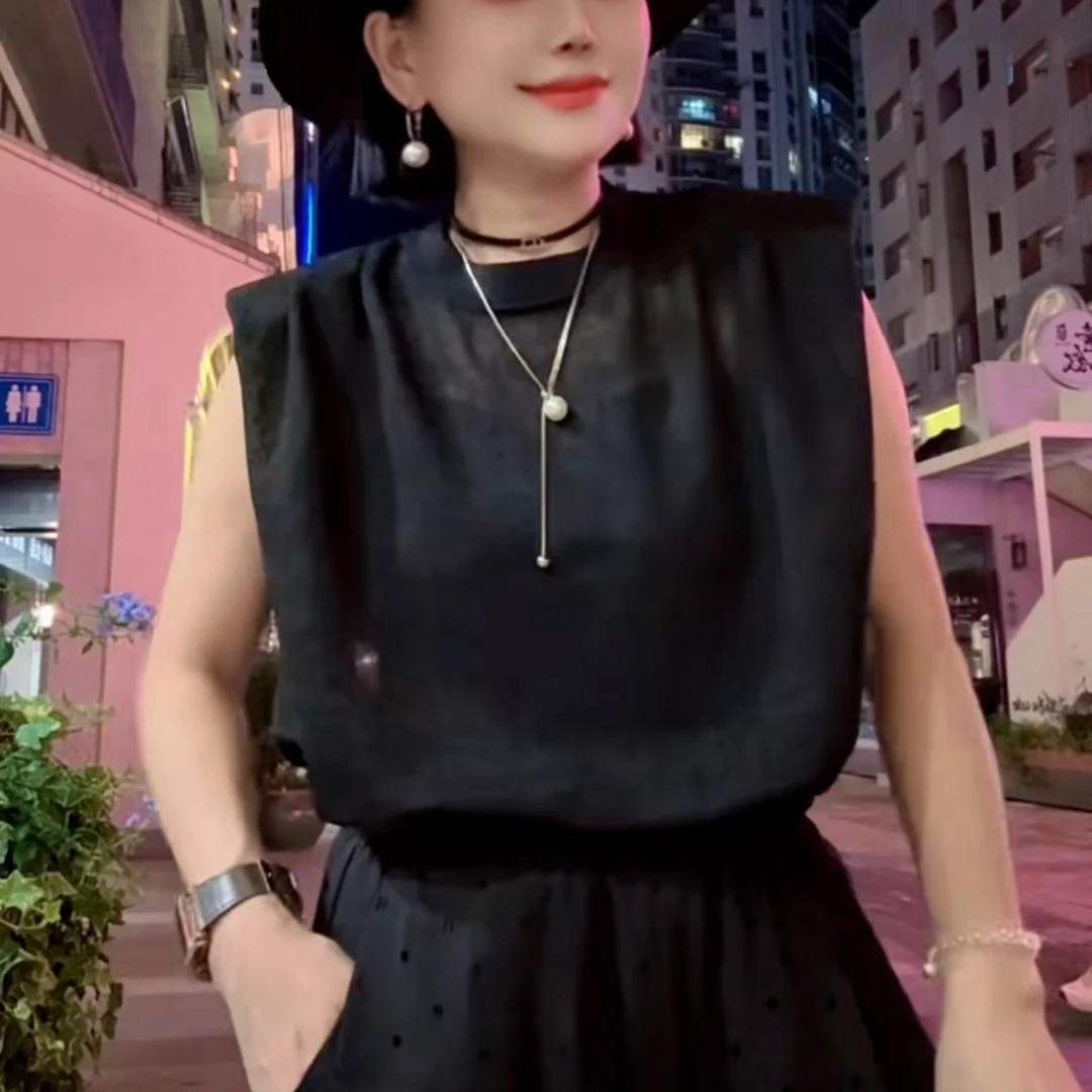 【玫瑰缘】欧货正版简约春季温婉风百搭网红女人无袖微透上衣