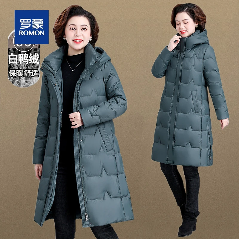 罗蒙妈妈装羽绒服女过膝中长款洋气中老年女冬装加肥大码鸭绒外