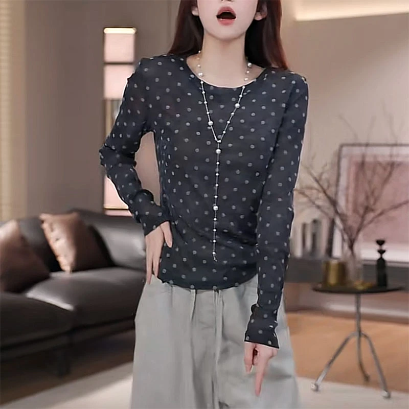 夏季高级感洋气波点网纱长袖t恤女2025新款时尚漂亮百搭气质上衣