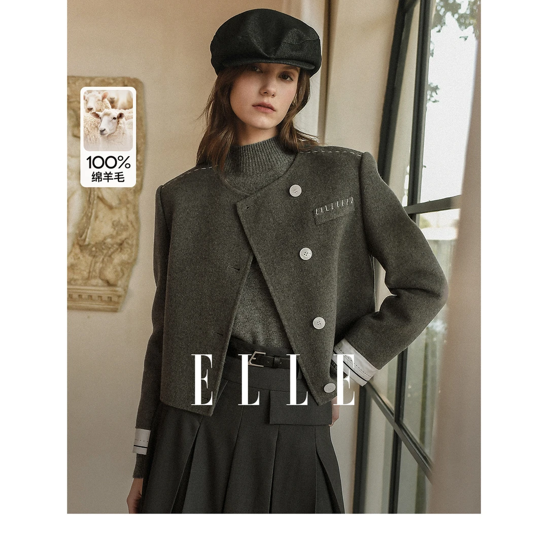 ELLE小香风绵羊毛呢短外套2024新款通勤风上衣休闲灰色EN36388