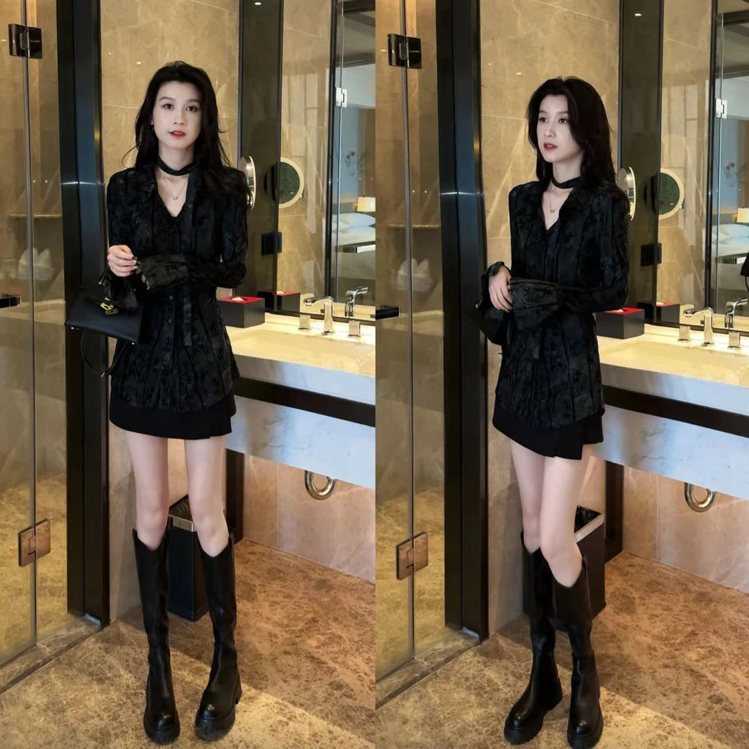 新款墨绿小众气质时尚长袖高级显瘦衬衫+短裙套装两件套