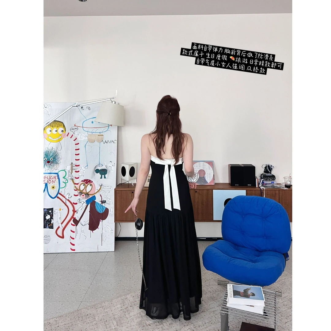 晶咕【夜宴！】法式气质撞色抹胸高腰显瘦A字长裙时尚无袖