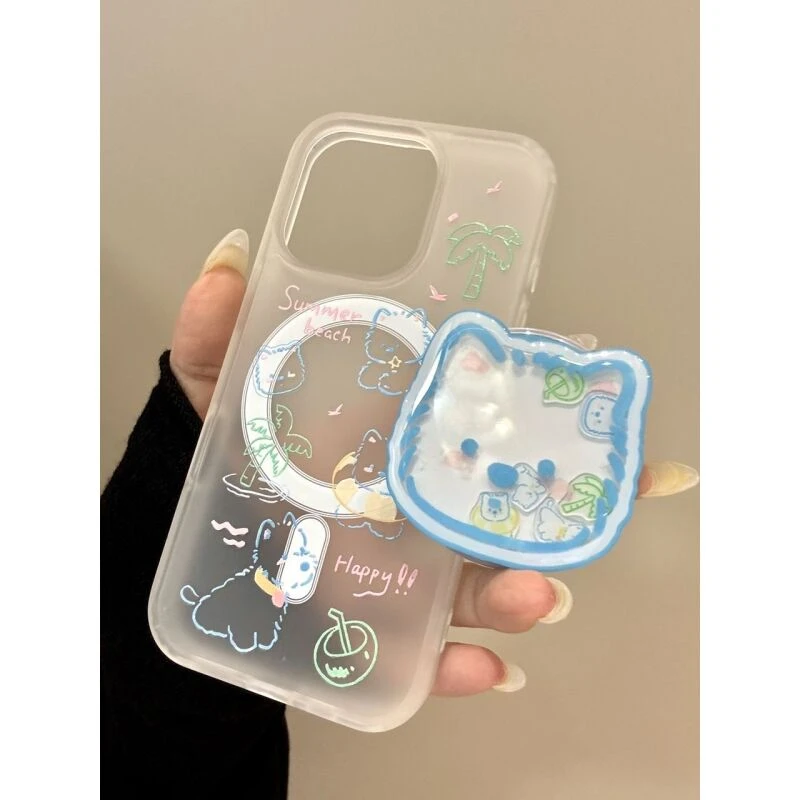 简约ins线条彩绘西高地磁吸支架适用iphone16promax苹果15p手机壳