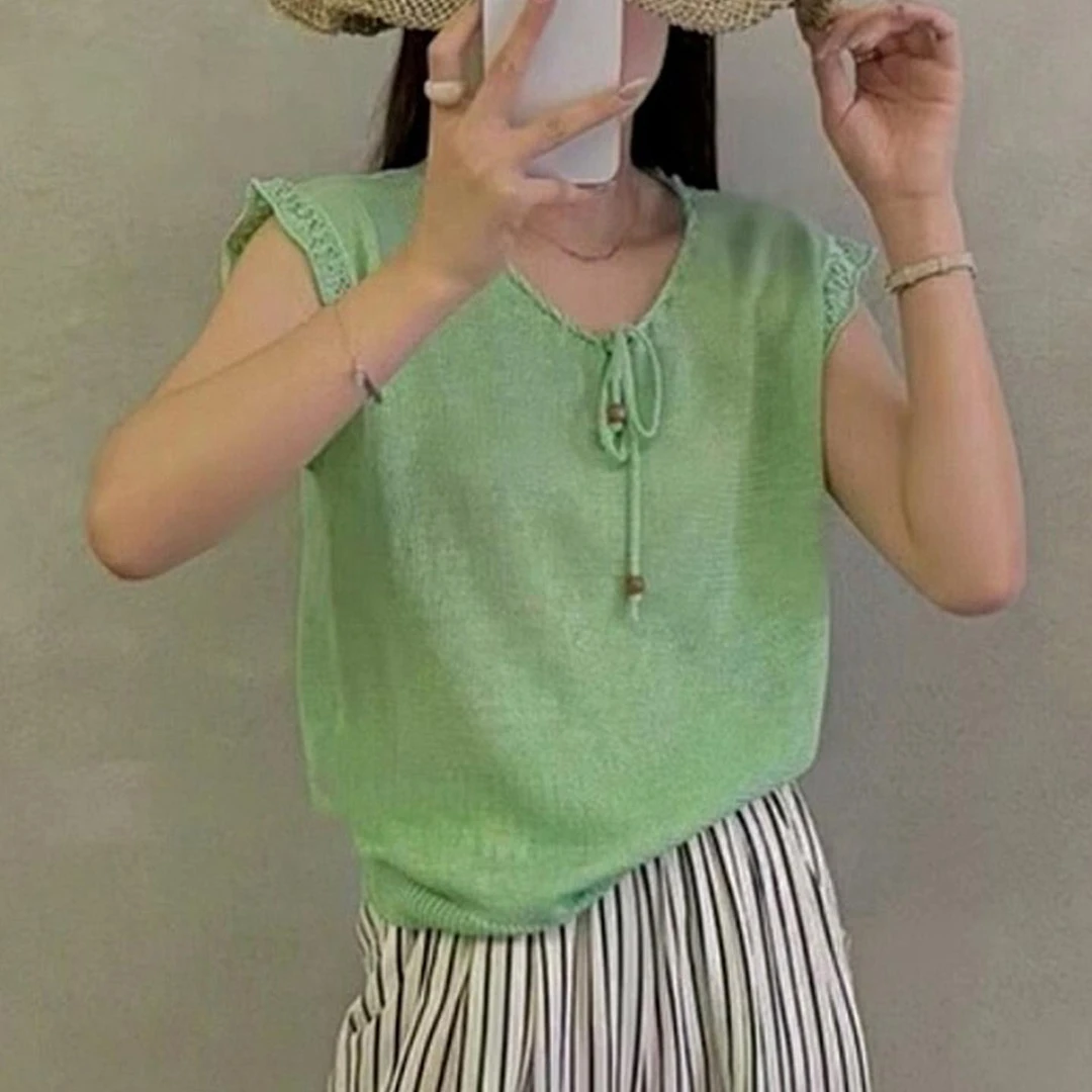 时尚知性绝美绿色圆领蝴蝶结系带短袖T恤女夏季休闲百搭收腰上衣