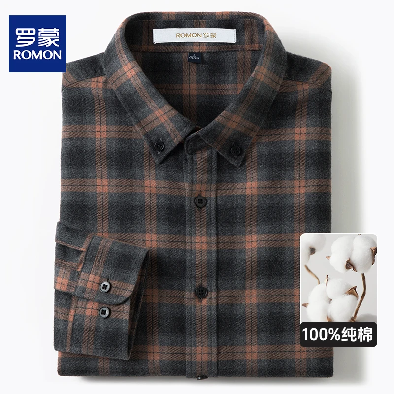 罗蒙秋季新款男士100%纯棉黄格子长袖衬衫中老年轻奢商务休闲衬衣