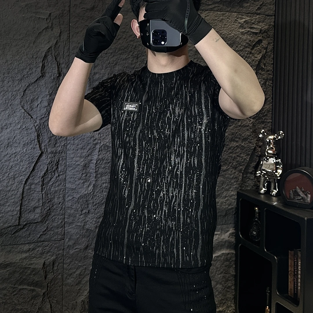 【甄选】2025鎏金岁月男士休闲百搭夏季印花短袖潮流修身弹力圆领