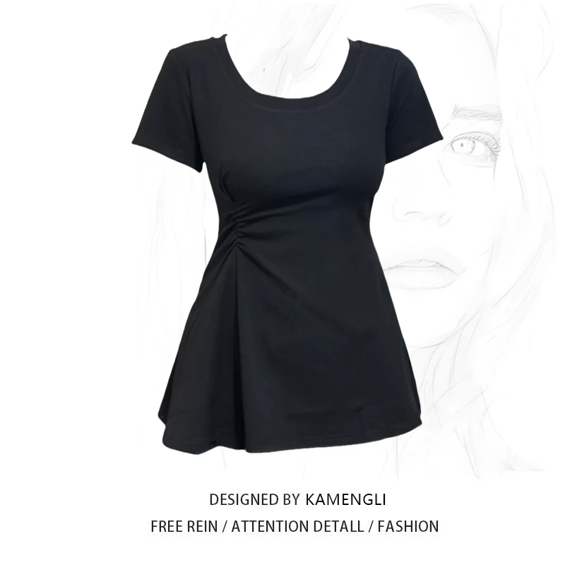 微胖mm大码纯欲慵懒风短袖t恤女装褶皱遮肚多巴胺风格洋气上衣服9