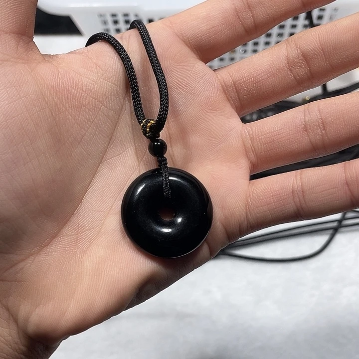 食***Y黑曜岩合金颈饰黑曜石平安扣