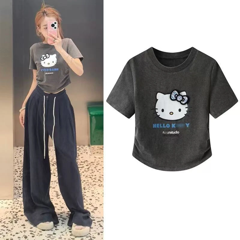 2377原单商场同款猫咪字母印花魔术贴蝴蝶结短袖T恤