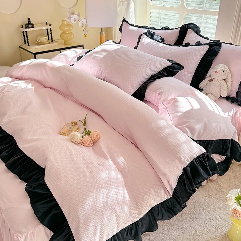 水洗磨毛提花花边四件套纯色公主风水洗棉被套床单床上被罩三件套