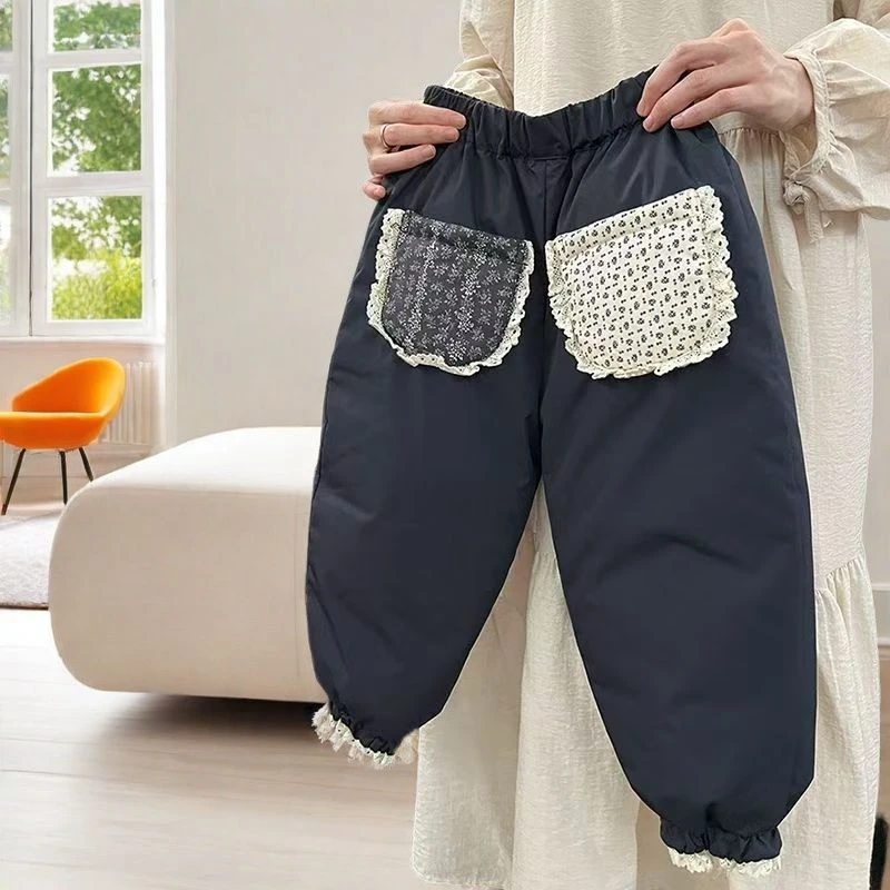 儿童加绒夹棉束脚裤24新款女童棉裤宝宝碎花口袋花边保暖裤