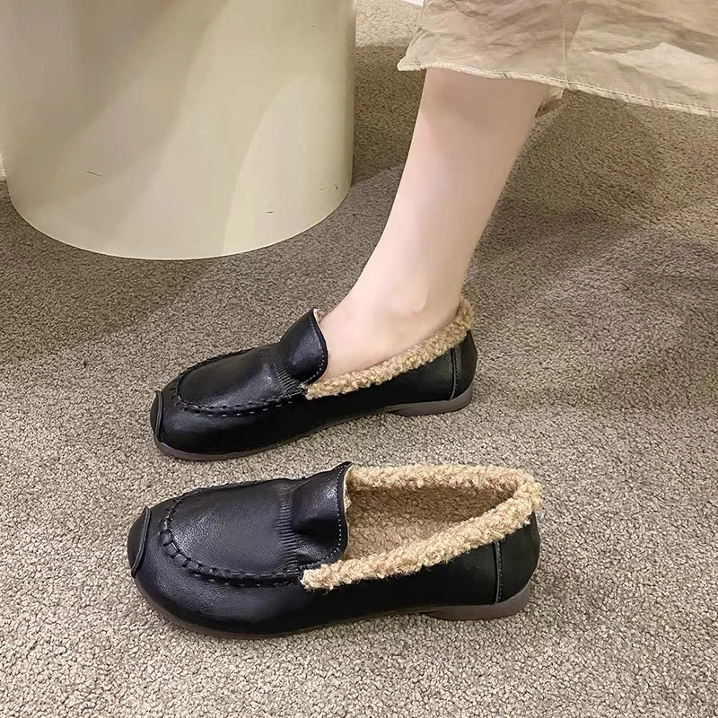 秋冬皮面百搭时尚加绒一脚蹬复古厚底平底冬季圆头休闲鞋K901