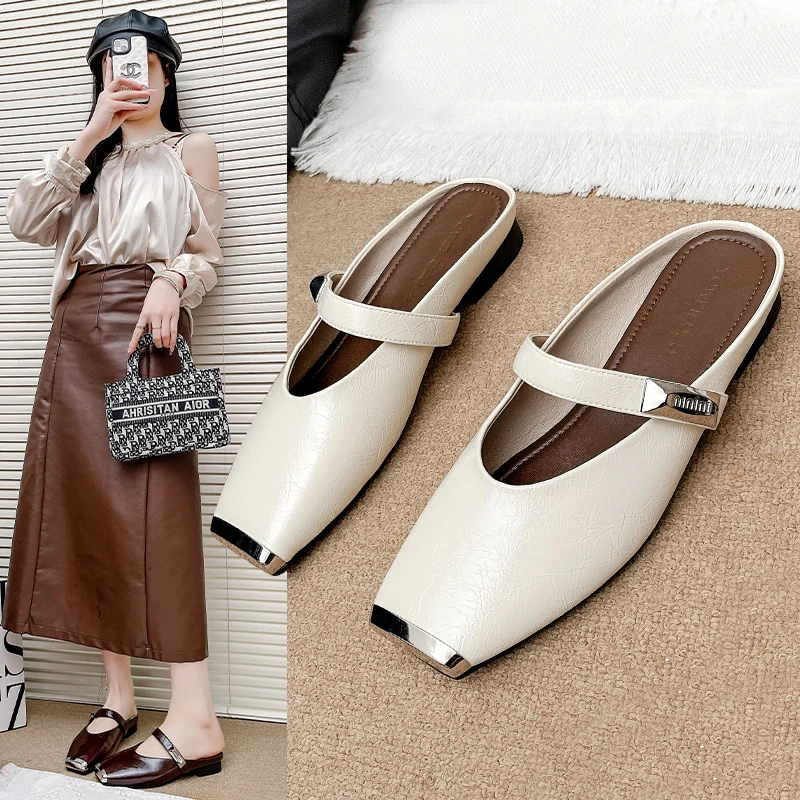 法式金属头包头半拖鞋女外穿2025春夏软皮一字扣玛丽珍穆勒凉拖鞋