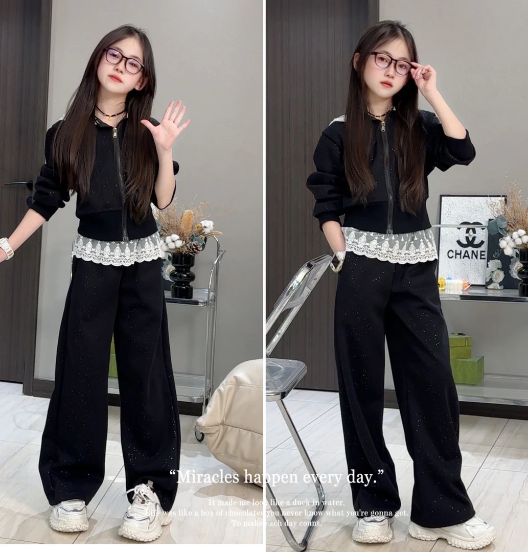 女童套装春秋2025新款儿童洋气长袖春中大童墨韩版蕾丝炸街两件套