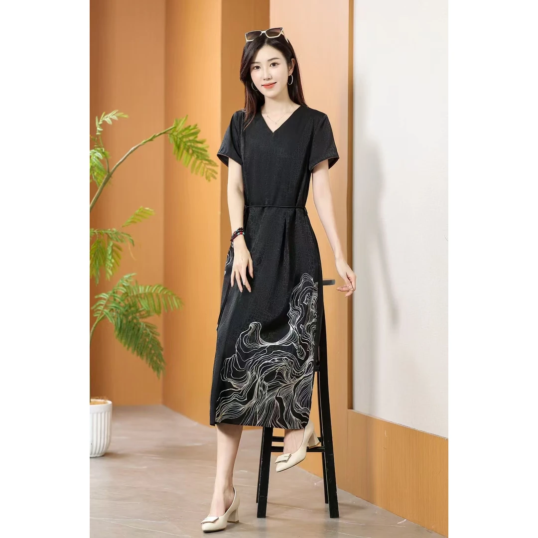 N579【锦悦】新中式国风遮肚显瘦系带连衣裙中长款气质宽松女士裙子