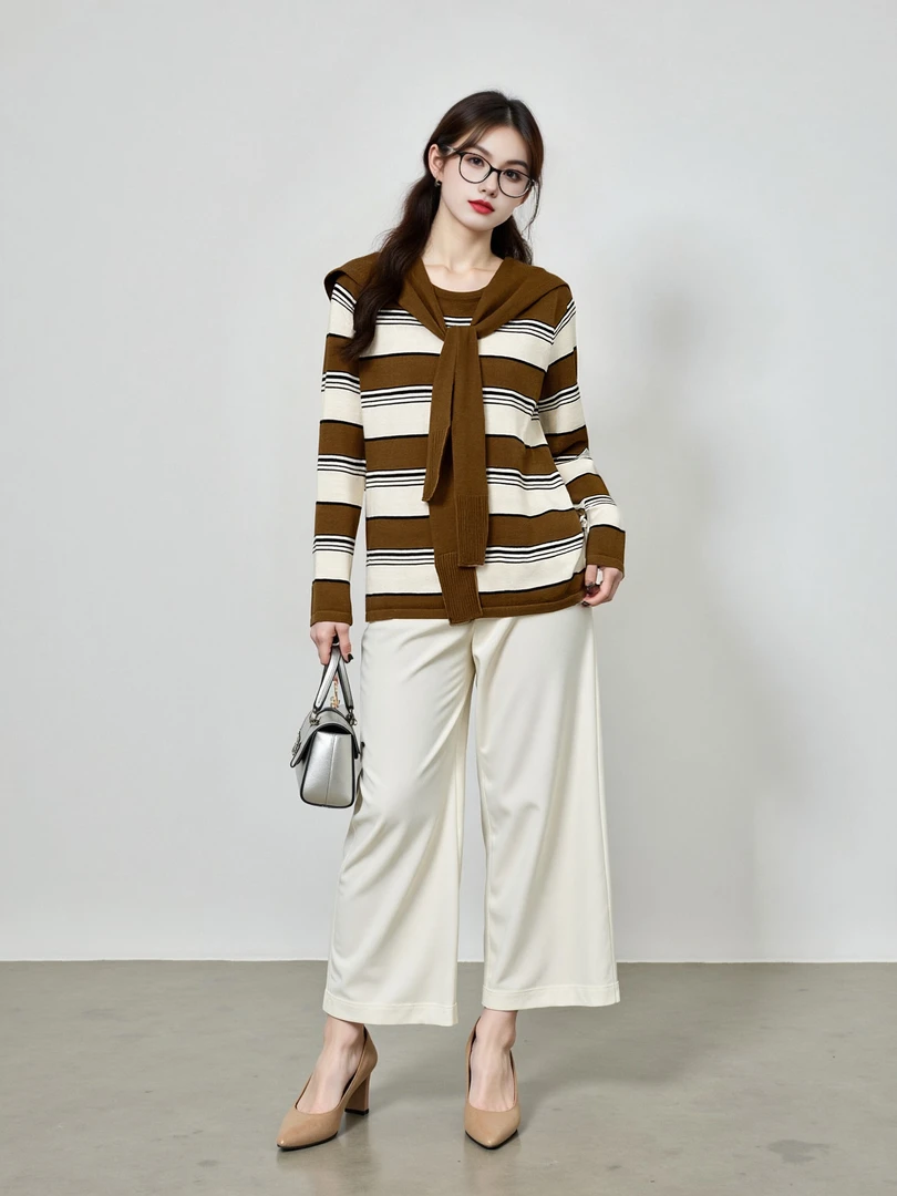 大码女装撞色条纹衫女披肩上衣2025冬款胖mm宽松休闲针织衫