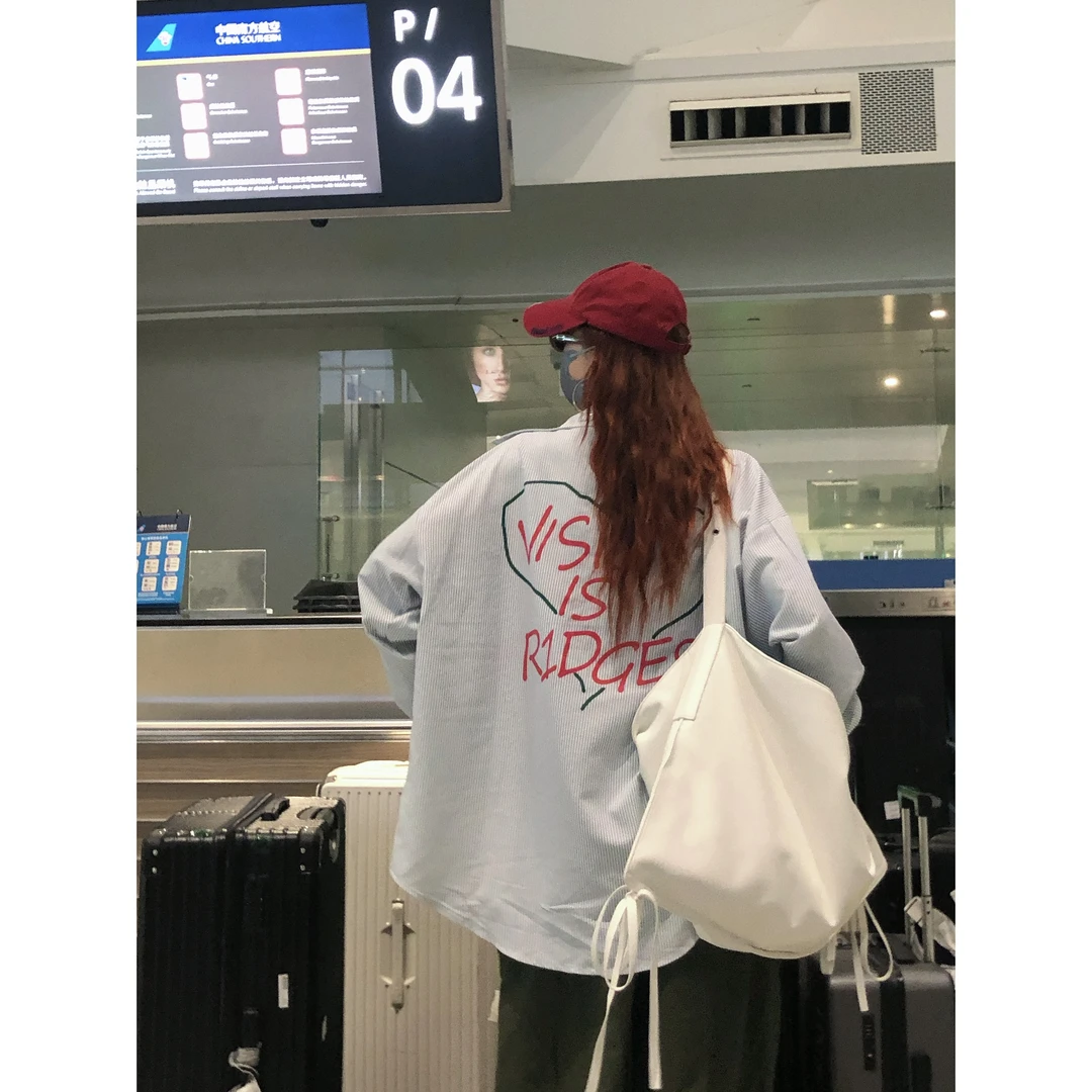 李婉君秋季手绘涂鸦条纹宽松长袖衬衫外套连帽休闲学生情侣小众字