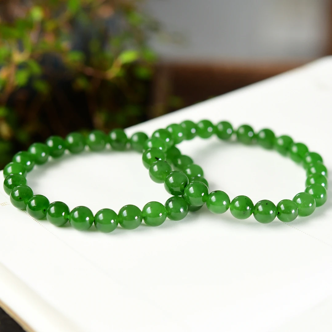 天然和田玉手串俄料绿色碧玉圆珠菠菜绿8mm链珠单圈绿色大方简单