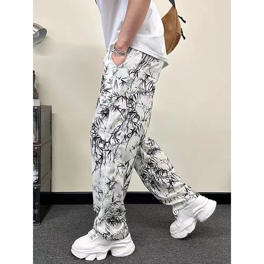 夏季薄款休闲裤男竹子印花直筒阔腿裤垂感顺滑长裤痞帅潮流哈伦裤