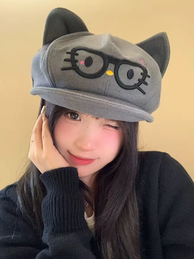 日系可爱眼镜猫咪贝雷帽女秋冬百搭显脸小八角帽复古卡通画家帽子