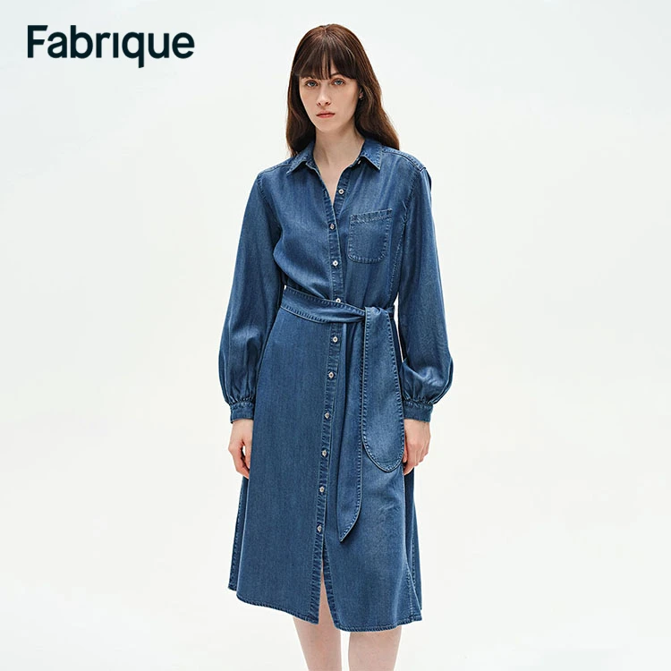 Fabrique Lia 春夏新款复古牛仔深蓝莱赛尔灯笼袖衬衫休闲连衣裙