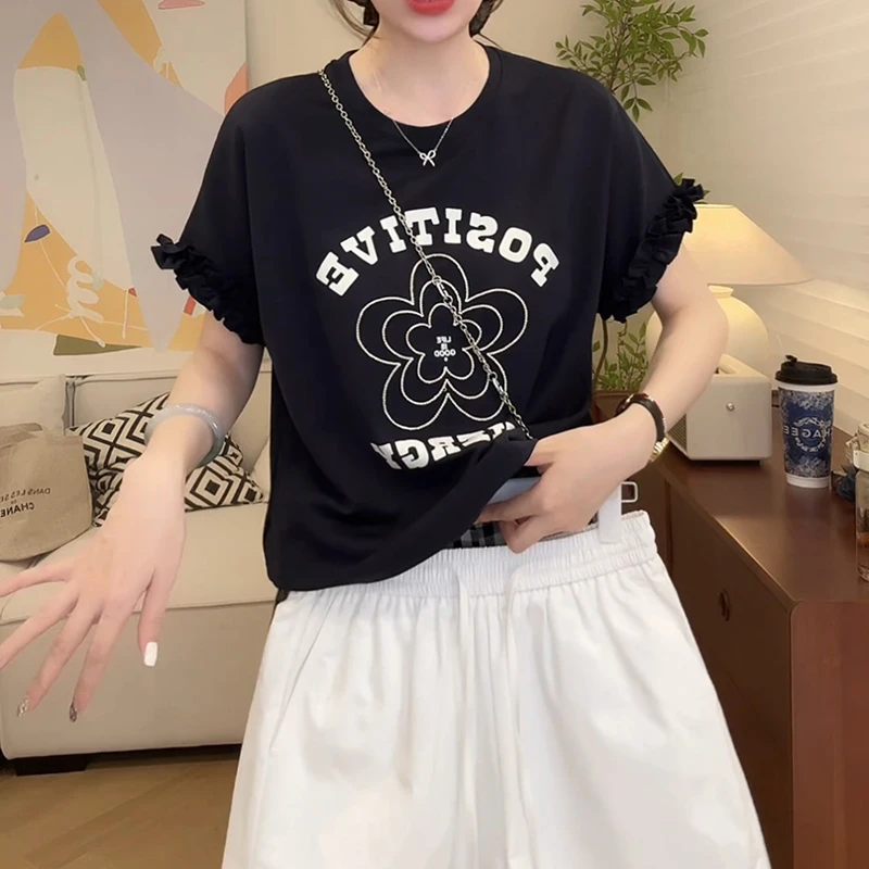 2025夏季新款设计感木耳边短袖T恤衫刺绣印花上衣LK2504287