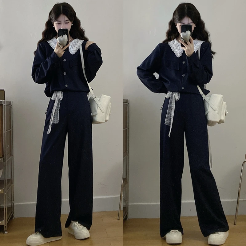 大码胖mm秋季新款女装时尚显瘦蕾丝拼接上衣+高腰长裤两件套装女