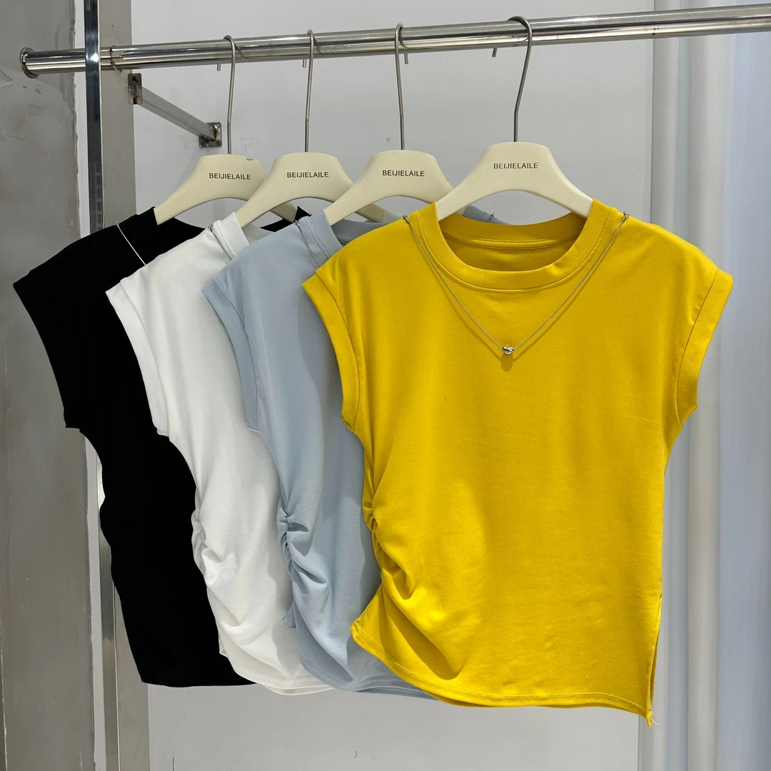 贝姐同款【2855】夏季新款~设计感褶皱开叉简约带项链短袖T恤