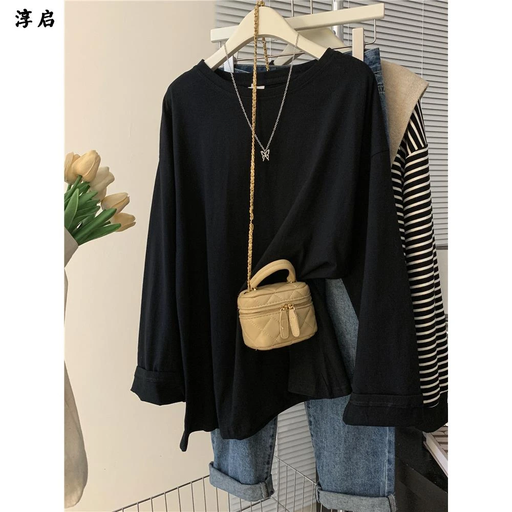 淳启高级设计感胖妹妹秋装新款潮流长袖恤打底衫女宽松大码斤上衣