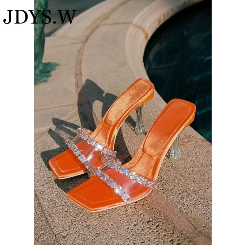 JDYS.W 【超显白冰橙色】7cm 缎面仙女透明水钻细跟方头凉鞋
