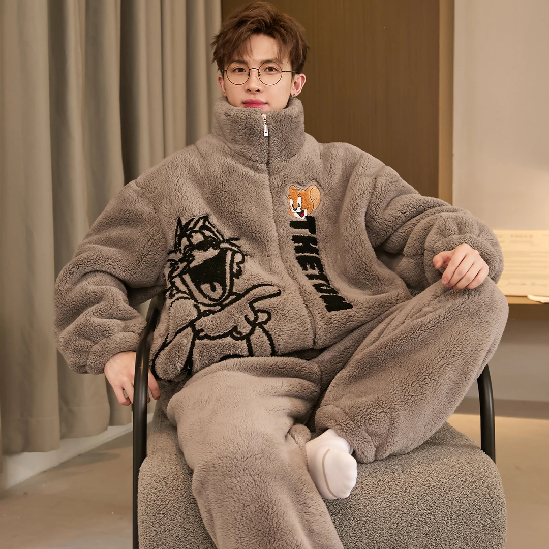 珊瑚绒睡衣男秋冬季大码拉链加厚加绒法兰绒青少年男士家居服套装