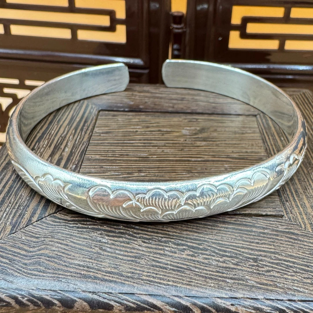 足银手镯 雕花【手工手镯】足银手工手镯