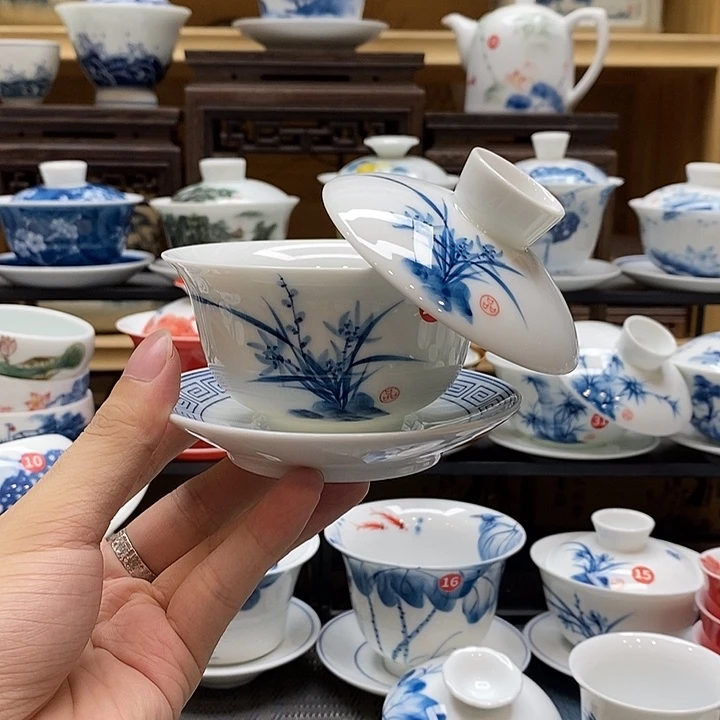 手绘兰花悬停150盖碗釉下彩高温瓷微瑕福利款