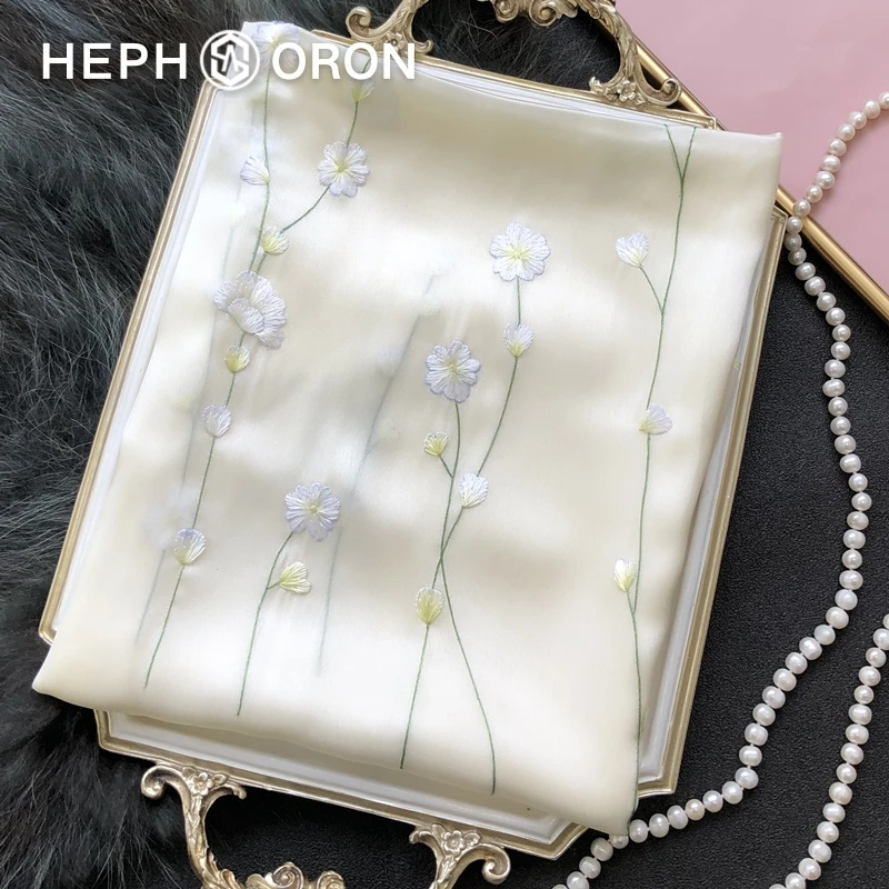 HEPHSORON苏绣丝巾礼盒送妈妈白色拼纱刺绣高级感桑蚕丝真丝围巾