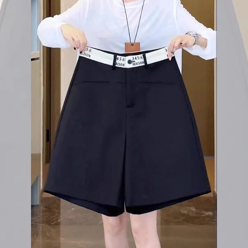 大码夏季高腰a字宽松休闲西装短裤女胖mm梨型身材中裤黑色五分裤