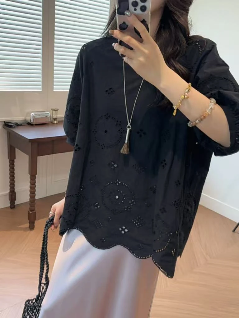 JIUJIU【文艺指南】衬衫设计感百搭时尚镂空国风小众夏季薄款防晒