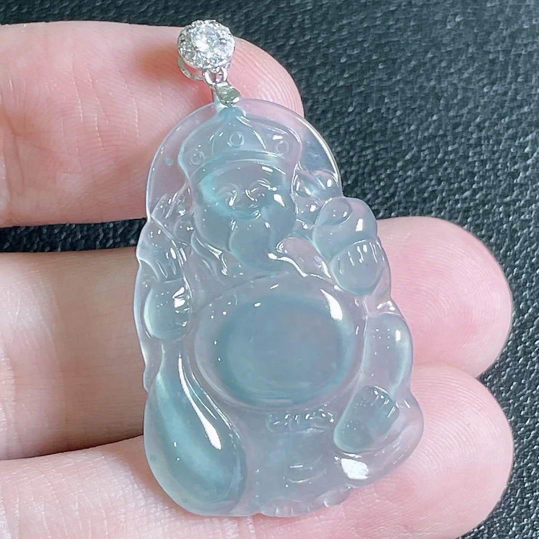 天然A货翡翠蓝冰财神爷吊坠02