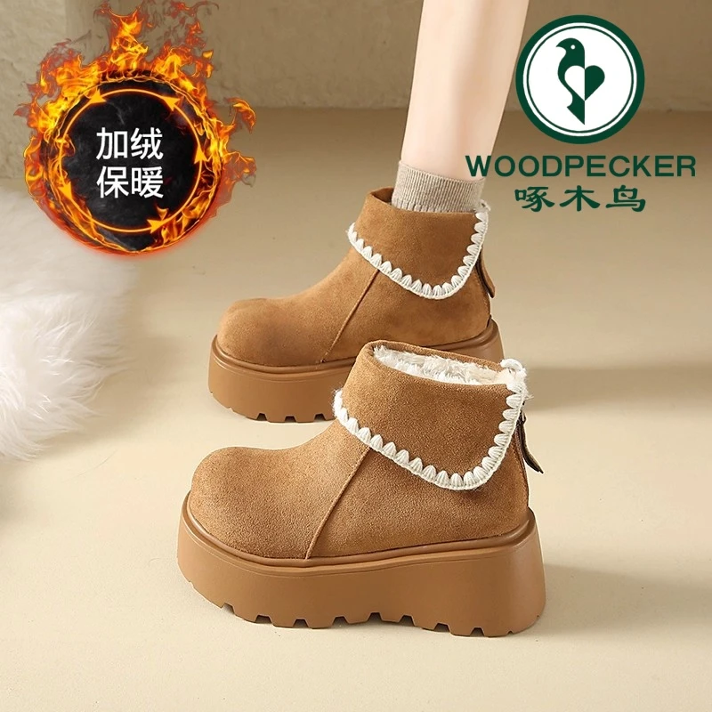 啄木鸟冬季新厚底雪地靴女2025年休闲户外加绒增高长筒靴外穿保暖