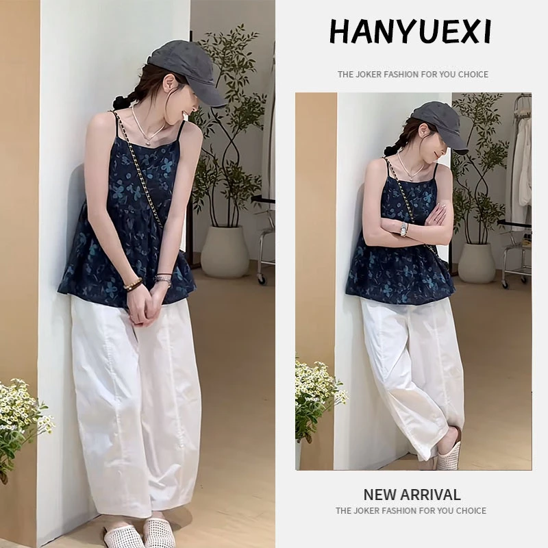 【现货】夏季时尚一整套女装2025新款复古花朵吊带上衣裤子两件套