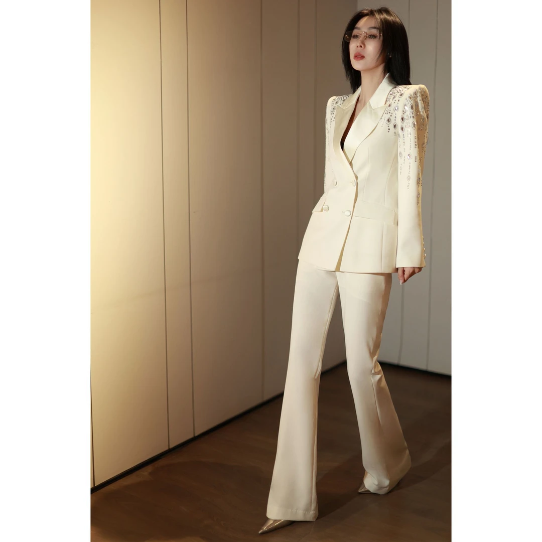 ZEROYK欧货高定职业女装设计感御姐气质重工大水钻西装长裤两件套