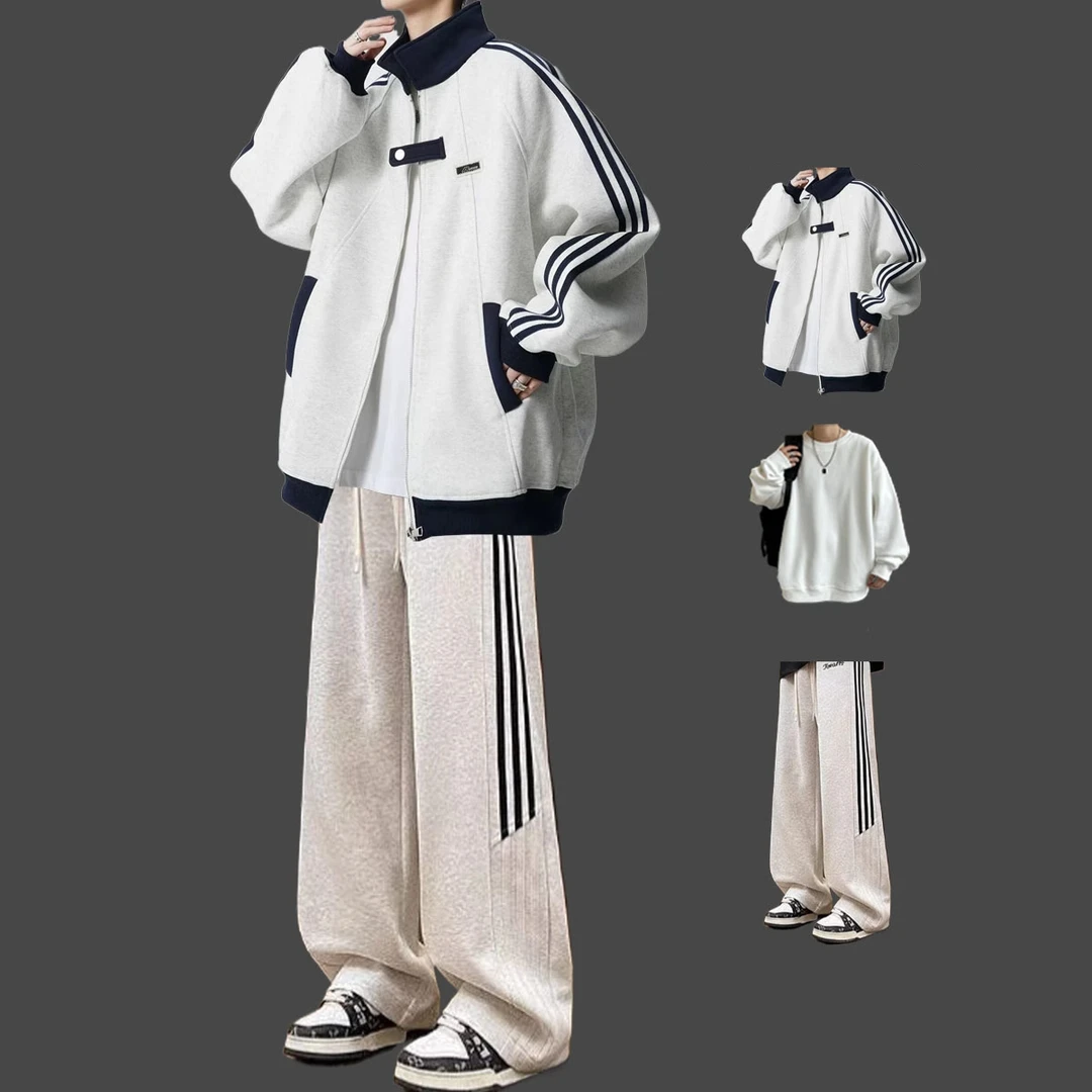 青少年开衫夹克美式男秋冬潮牌套装痞帅牛仔裤搭配高街棒球服一套