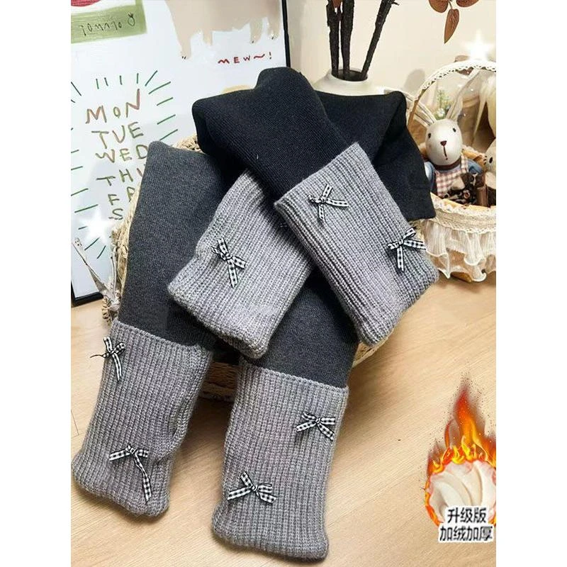 女童加绒打底裤25冬季新款宝宝洋气蝴蝶结堆堆裤子加厚一体绒保暖