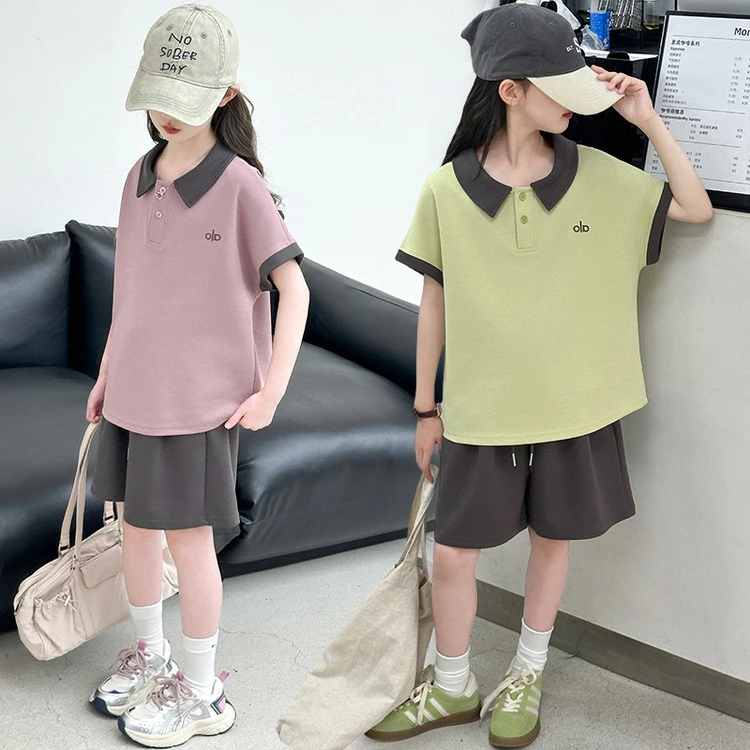 女童运动休闲儿童夏季翻领拼色短袖女孩套装2025中大童5-12岁15岁