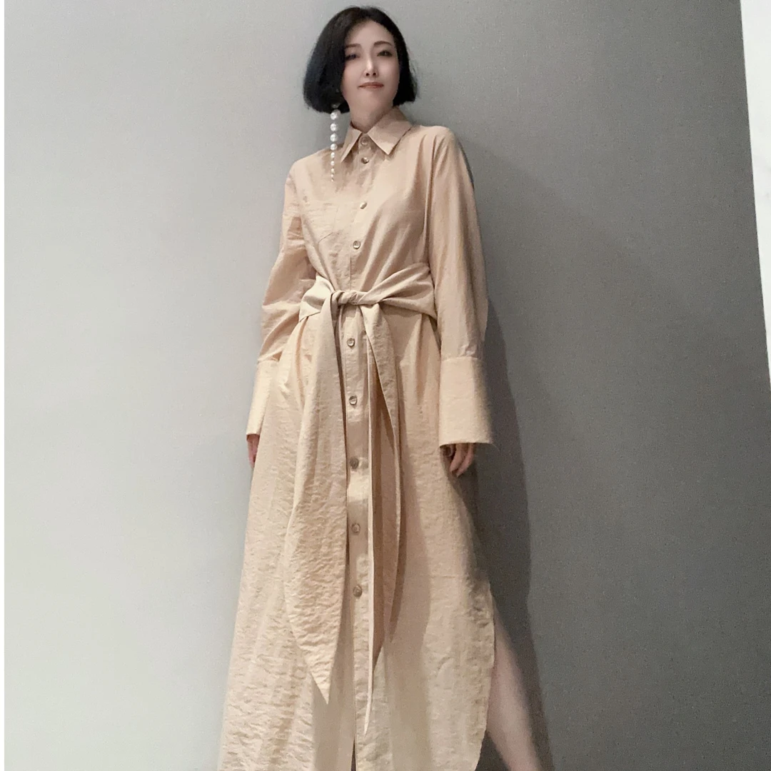 高定轻奢收腰翻领单排扣纯色中长款衬衫裙连衣裙MD10364