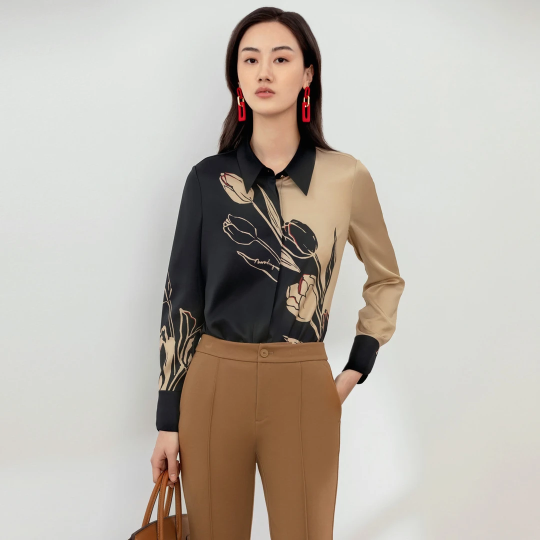 【婷婷专属】【桑蚕丝】秋冬郁金香印花撞色时尚百搭亲肤衬衫女